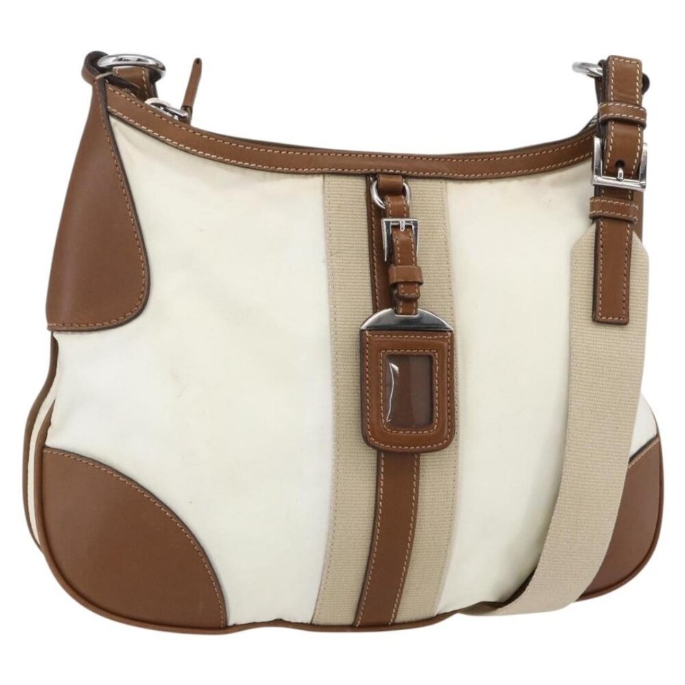 Authentic PRADA Shoulder Bag Nylon Beige Silver